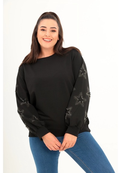 Aytemas Kolları Yıldız Taş Baskılı Sweatshirt Siyah