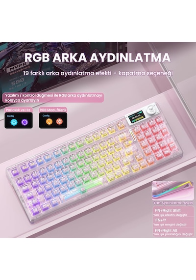 Aula F98 Pro V3 Oled Ekranlı Crystal Switch Makrolu Kablosuz Rgb Hot-swap Gasket Pre-lubed Switch Mekanik Klavye Şeffaf Pembe