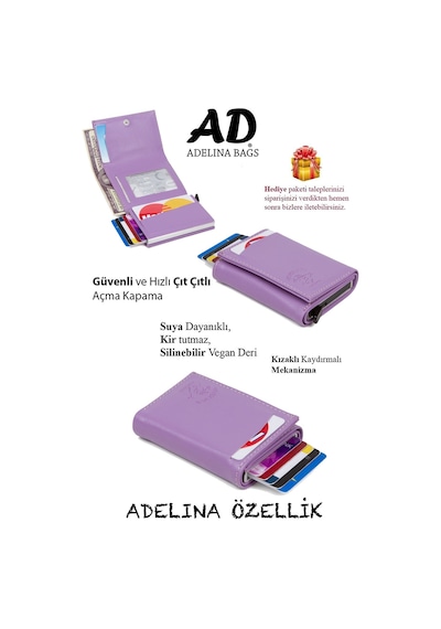 Adelina Bags Newish Adelina Nova Deri Mekanizmalı Otomatik Kızaklı Kartlık Cüzdan Lila