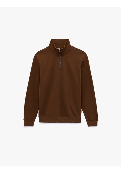 Koton Uzun Kollu Şardonlu Basic Yarım Fermuarlı Sweatshirt Kahverengi 6wam70016mk Kahverengi