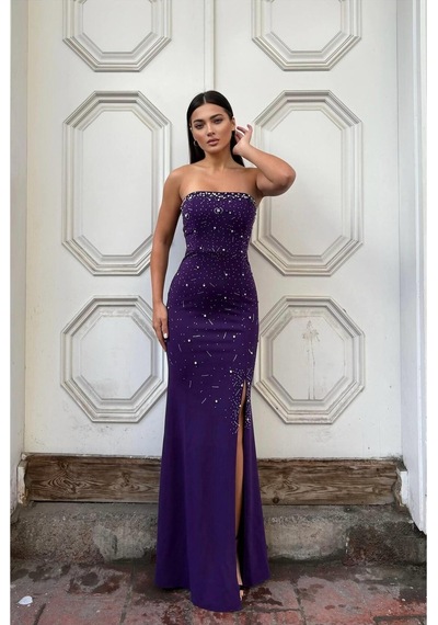 DefyModa Kadın Trend Straplez Taş Detaylı Yırtmaçlı Abiye Elbise Mor
