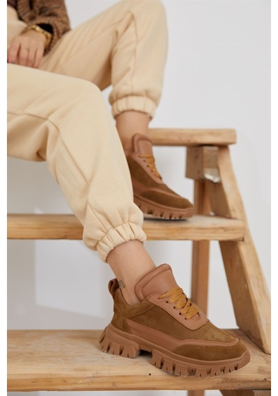 Diora Kahve Süet Deri Bağcıklı Kadın Sneakers-Kahve Kahverengi