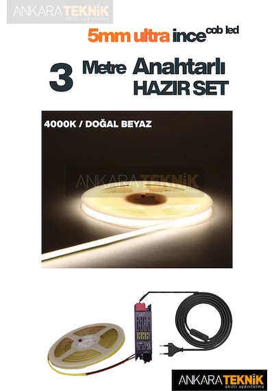Ankara Teknik 5mm Ultra Ince Cob Şerit Led - 4000k Doğal Beyaz 12volt Tak Çalıştır Anahtarlı Set Metre Seçiniz 3 Metre