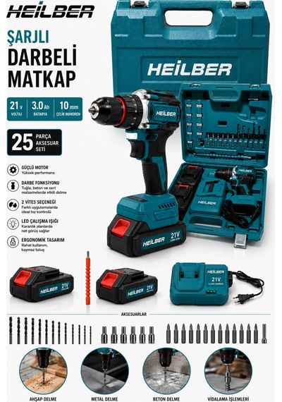 Heilber Ba011530 Şarjlı Darbeli Matkap 21v Çift Akülü 3.0ah 25 Parça Set 10 Mm Çelik Mandren Vidalama Makine