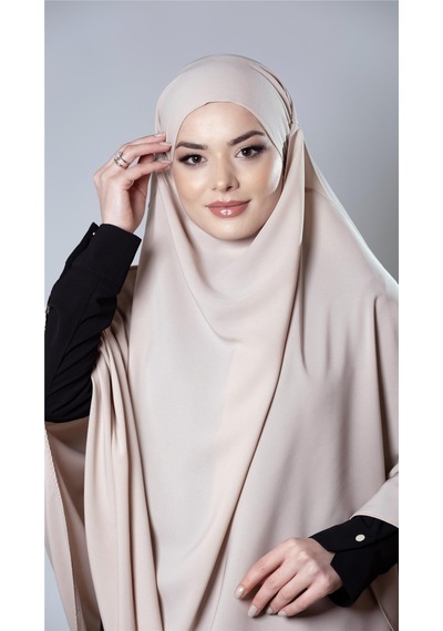 Hürrem Bone Bej Pratik Hazır Geçmeli Tesettür Eşarp Medine İpeği Bağcıklı Sufle Hijab 2301 12