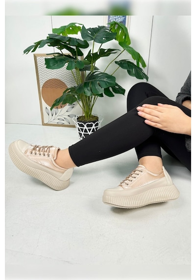 Günlük Kadın Sneaker Taşlı Bağcıklı Tırtıklı Kalın Taban Rugan Oval Burunlu Hafif Spor Ayakkabı 77504 Bej Günlük Kadın Sneaker Taşlı Bağcıklı Tırtıklı Kalın Taban Rugan Oval Burunlu Hafif Spor Ayakkabı 77504 Bej