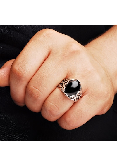 Kuyumcudukkani Düz Oval Kubbe Kesim Taşlı Gümüş Erkek Yüzük-60002-w-blk 33 Beyaz