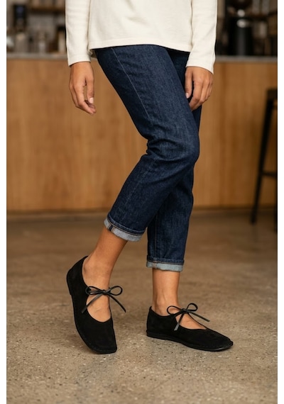 Shoetek Avany Kadın Babet Bağcıklı Siyah Süet
