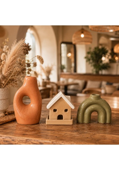 Momiko 3 Lü Modern Bohem Dekoratif Obje Ve Vazo Seti Ev, Kemer Ve Delikli Form Terracota-bej-yeşil