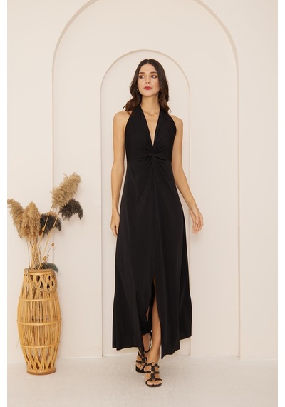Darlin Moda Siyah Yırtmaçlı Önü Düğüm Detaylı Maxi Boy Elbise Dm1033