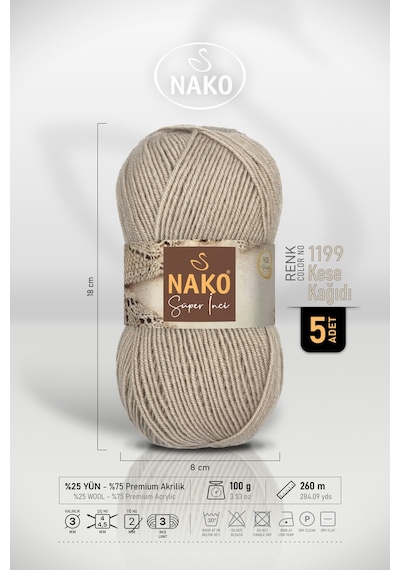 Süper İnci - 1199 Kese Kağıdı - 5'li Paket - 100gr/260m - El Örgü İpi - Atkı Yelek Kazak İpi