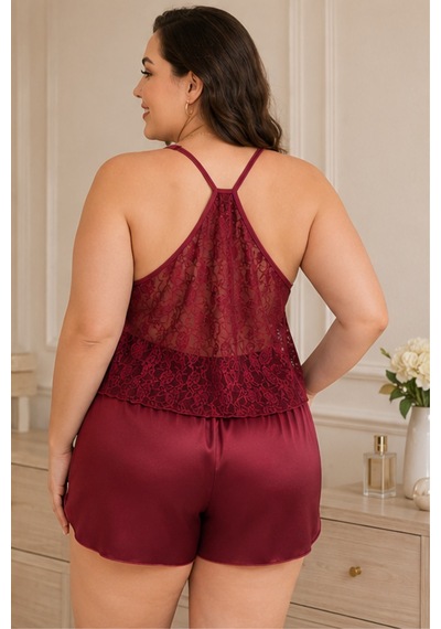 Loule Büyük Beden Bordo Dantel Etek Uçlu Şortlu Pijama Takımı