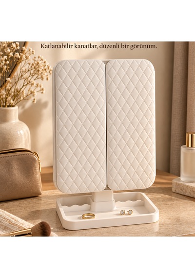 Tilbe Home Led Işıklı Makyaj Aynası Renkli Dokunmatik Büyüteçli Şarjlı Katlanabilir Masaüstü Stüdyo Ayna Beyaz