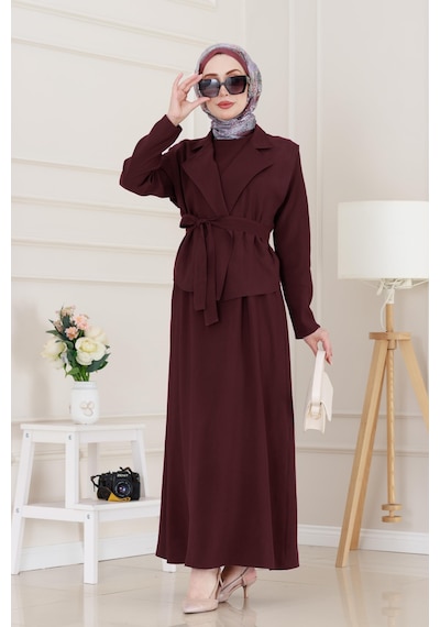Sevitli Tensel Yelekli Asel Elbise-bordo-5042 Bordo