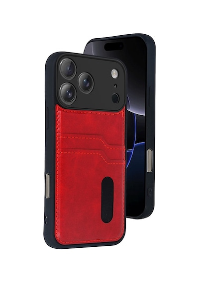 Apple İphone 17 Pro Max Uyumlu Deri Kartvizitli Kartlıklı Premium Telefon Kılıfı Kapak Kırmızı