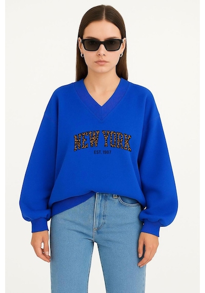 Benroma New York Baskılı Ünisex V Yaka Sweatshirt Çok Renkli