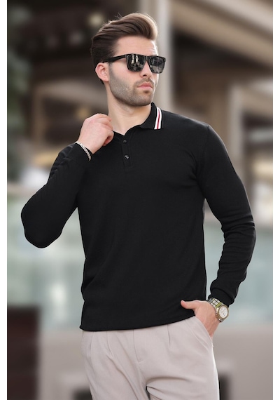 Madmext Siyah Polo Yaka Düğmeli Uzun Kollu Kazak 7269 Siyah