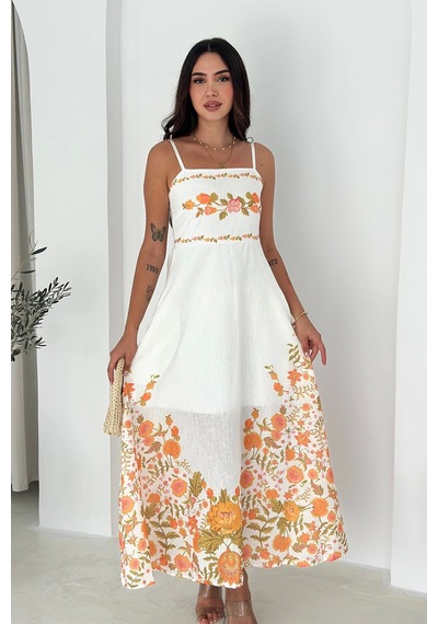 Asprin Fashion Keten Kumaş Çicek Desenli Elbise Beyaz