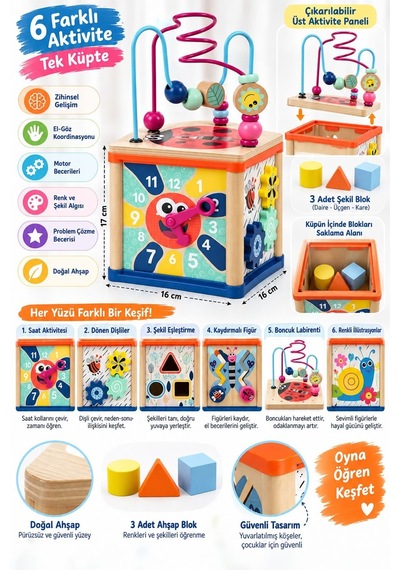 Topbright Ahşap Aktivite Küpü 5 İ 1 Arada Montessori Eğitici Oyuncak 12 Ay+