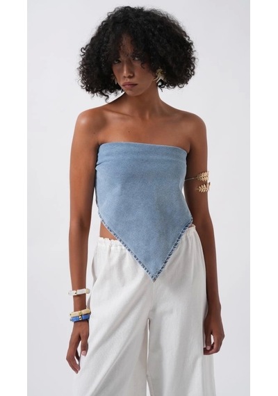 Defymoda Bağlamalı Denim Crop Mavi