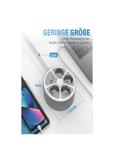 Priz 4 Bölmeli 2 Usb Grişli Yuvarlak Çoklu Grup Priz Çocuk Korumalı Anahtarlı 1.5 Metre Kablolu 1