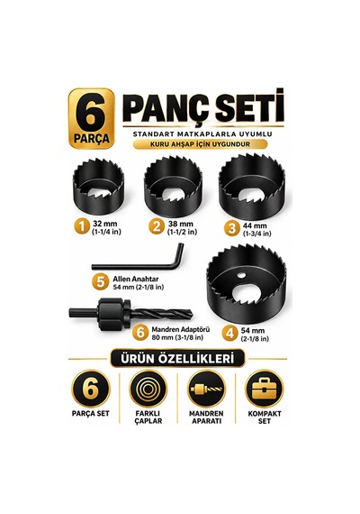 6 Parça Ahşap Panç Seti 32-54 Mm Matkap Uyumlu