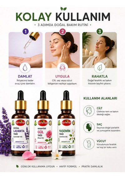 Lavanta+gül+yasemin 3 Lü Aromaterapi Bakım-bitkisel Yağ Seti & Aromatik Yağlar Seti 3x20 Ml