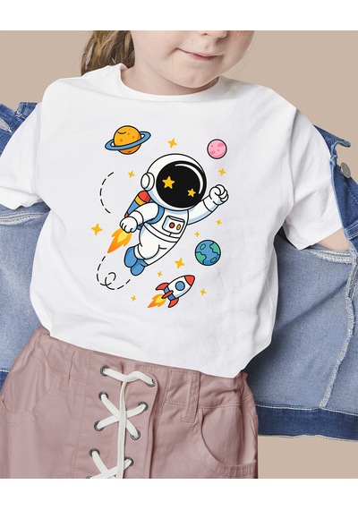 F17 Ajans Uçan Astronot Baskılı %100 Pamuk Sıfır Yaka Kız Çocuk Tişörtü Beyaz