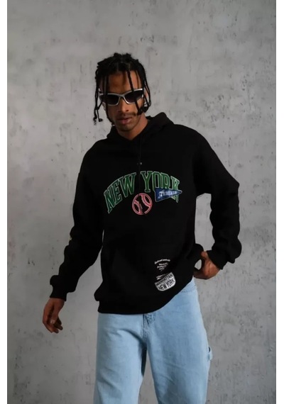 Veraura Lifestyle Erkek Baskılı Kapüşonlu Sweatshirt - Siyah