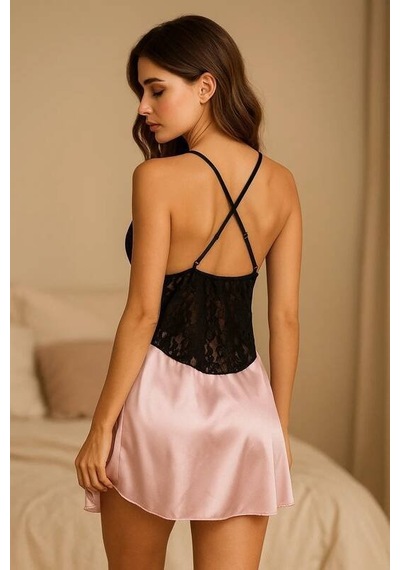 Ang Butik Kadın Pembe Saten Dantel Detaylı Gecelik Takımı