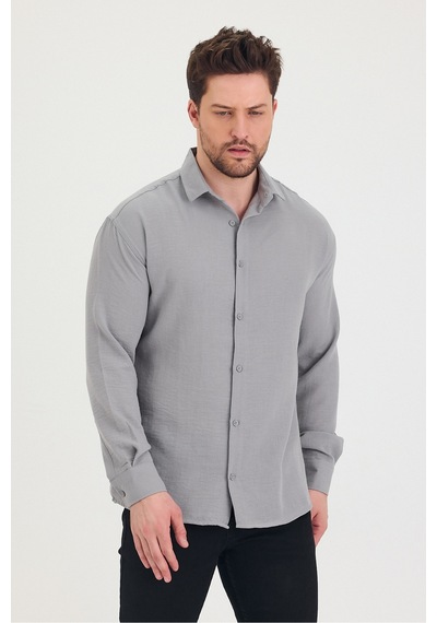 Cool Tarz Erkek Slim Fit Dar Kalıp Uzun Kol Pamuklu Keten Efekt Gömlek Gri Gri