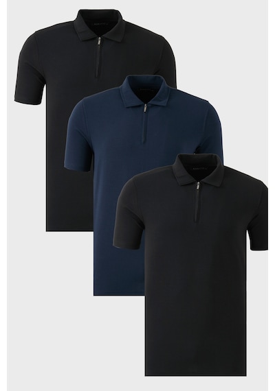 Buratti Streç Pamuklu Regular Fit Yarım Fermuarlı 3'Lü Paket Erkek Polo Yaka T Shirt 5902972S3 Siyah-Siyah-Indigo