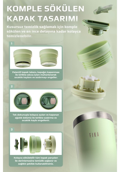 Neoflam Fika Tauko Sızdırmaz Kolay Sökülebilir Temizlenebilir Patentli Kapak Çelik Bardak Termos 470 Ml Mint Yeşili