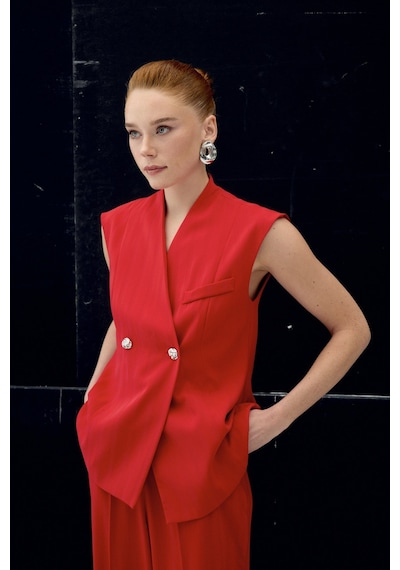 Sateen Anna Çizgili Yelek - Kırmızı-137104 Kırmızı