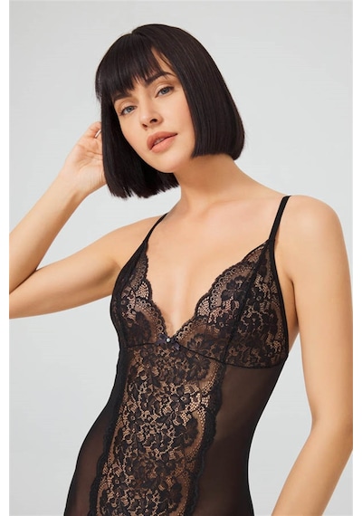 Cottonhill Siyah Çıtçıtlı Dantelli Transparan Balensiz Bodysuit Siyah