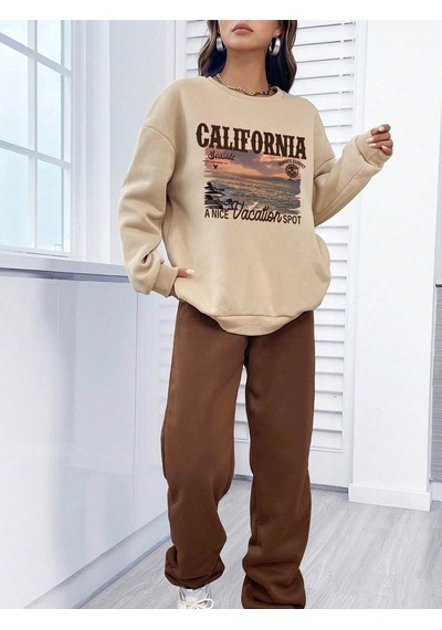 Hırsch Kadın Bej California Seaside Baskılı Oversize Alt Üst Eşofman Takımı Vizon