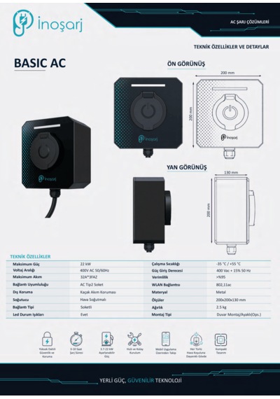 İnoşarj Basic Ac 22 Kw Wi Fi Type 2 Soketli Elektrikli Araç Şarj İstasyonu