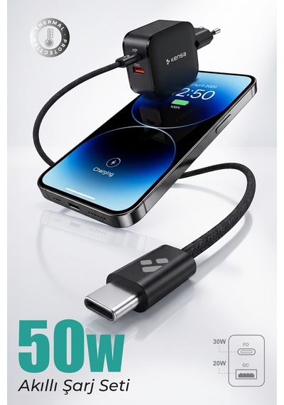 50w Çift Portlu Usb-c Girişli Akıllı Hızlı Şarj Adaptör Kablo Seti - Pd Ve Qc Destekli