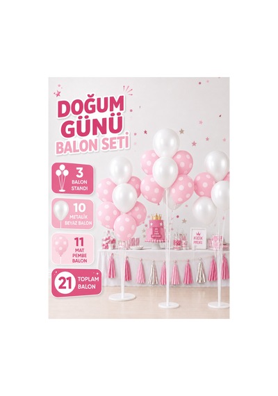 21 Balonlu Doğum Günü, Kutlama, Parti Balon Seti - 3 Adet Balon Standı - 21 Balon Adet Balon - Parti Süsleme - Bebek Partileri Beyaz - Pembe