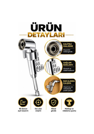 90 Köşe Vidalama Adaptörü 1/4" Bits Uyumlu Matkap Aparatı