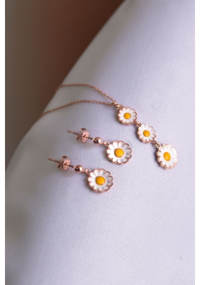 Papatya Silver 925 Ayar Gümüş Rose Kaplama Mineli Papatya Küpe Kolye Set