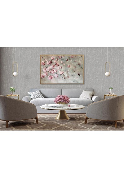 Yağlı Boya Dokulu Tablo Soyut Pembe Çiçekler Altın Çerçeveli U02001-178856