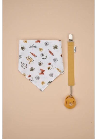 E&f Store Organik Sertifikalı Çift Katlı Müslin Mama Önlüğü Ve %100 Pamuk Hardal Sarısı Emzik Askısı Seti Çok Renkli