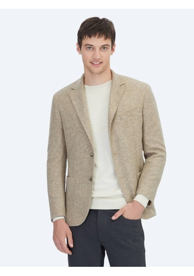 Kip Bej Desenli Modern Fit Yün Karışımlı Örme Ceket Bej