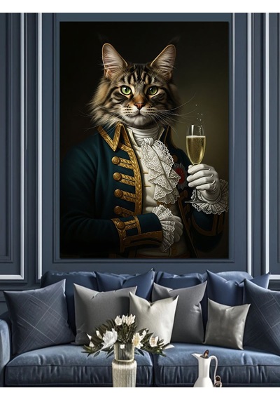 Ahşap Tablo Şampanya İçen Aristokrat Kedi