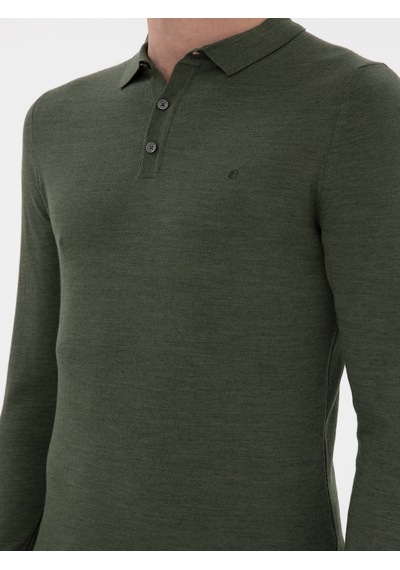 Cacharel Haki Slim Fit Yün Karışımlı Polo Yaka Basic Triko Kazak Yesıl