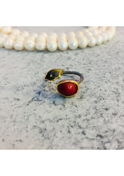 Mercan Yaprak Motif Otantik Gümüş Yüzük