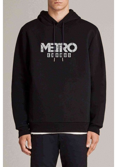 Metro Exodus Logo Baskılı Siyah Erkek Örme Kapşonlu Sweatshirt