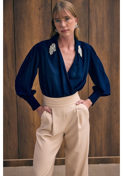 Sateen Aksesuar Detaylı Bodysuit Bluz - Lacivert-136194 Lacivert