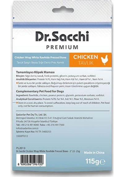Dr.sacchi Premium Tavuk Sargılı Beyaz Sığır Derisi Pres Kemik Tahılsız Köpek Ödülü 3 5li 115 Gr 109-30010.01
